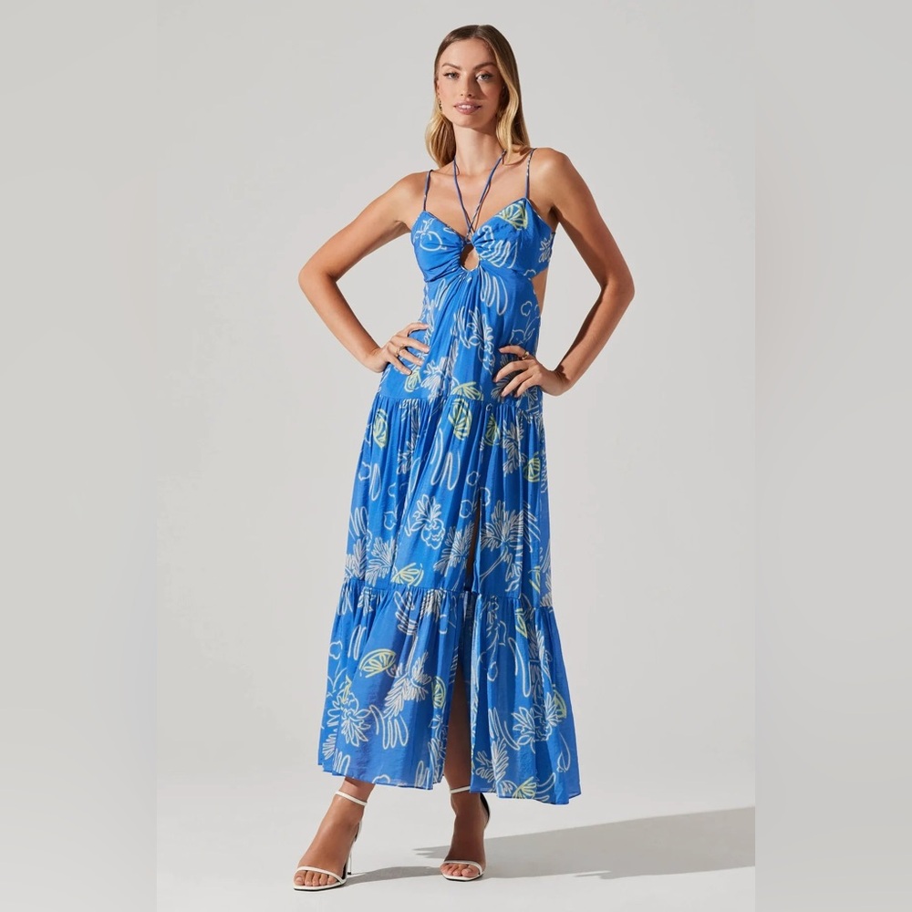 ASTR Blue Cutout Halter Maxi Dress Medium Wedding Guest European Summer Vacation